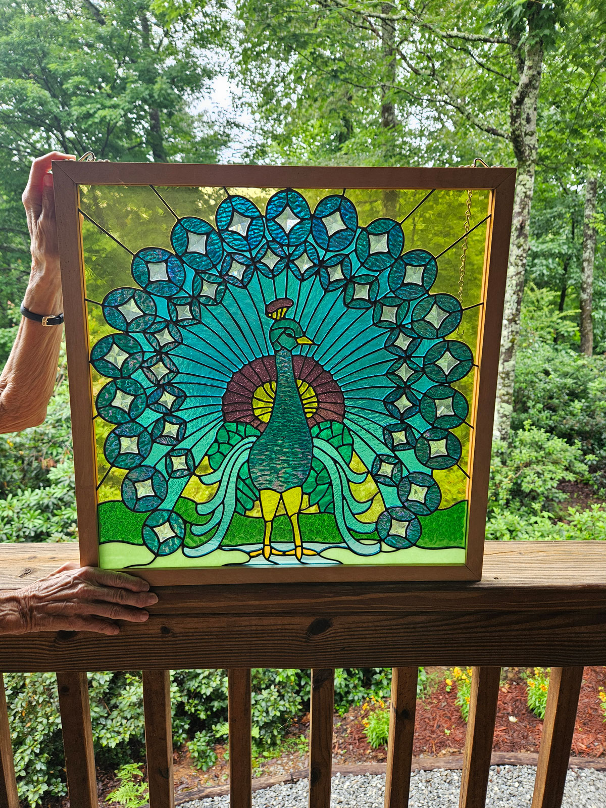 Peacock stained glass window panel